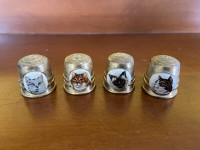 Vintage Four Solid Brass Thimbles With Porcelain Inlaid Cats