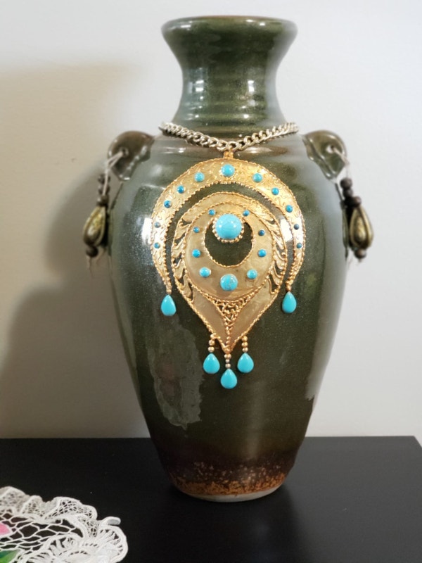 Large Rustic Green Distressed Ceramic Decorative Vase & Beads Home Décor & Accents Oakville