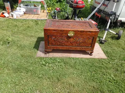 Ornate Hand-Carved Wooden Chest, View more