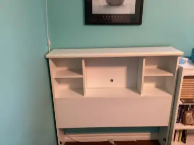 Twin bed frame, box spring and bookcase headboard for sale, View more