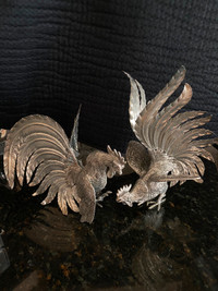 Pair Large Vintage Italian Silver Plated Fighting  Roosters