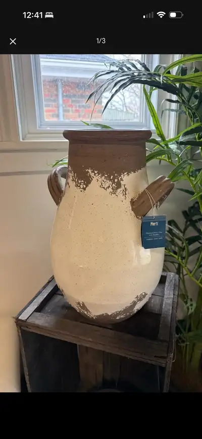 PIER 1 DISTRESSED IVORY VASE WITH HANDLES , View more