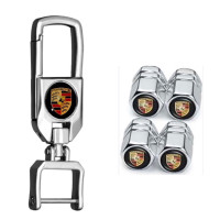 Porsche Tire Valve Caps and Metal Keychain Combo for Car