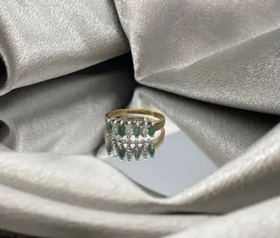 14K 2 Tone Gold Marquise Real Diamonds & Natural Emeralds Ring