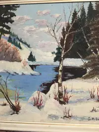 Winter river scene oil painting 