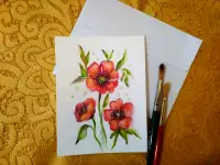 Poppies,hand painted  greeting card, birthday, thank you note