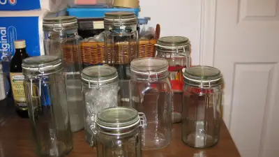 Jars 13" 10" and & 7" High and large pickle bottles with tops, View more