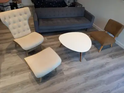 Couch + Lounger + Vintage Armless Chair + Coffee Table, View more