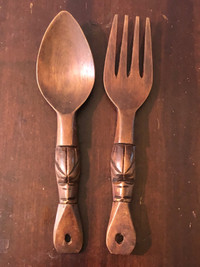 Vintage Wooden Salad Spoon and Fork Set. 13” Long. 