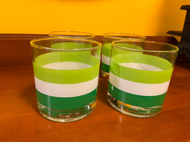 Georges Briard Rocks Low Ball Glasses Green White Stripe MCM in Arts & Collectibles in Oshawa / Durham Region