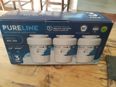 Brand new 3 pack Pureline frig water filters model #PL100 for GE frig (fits in place of GE MWF). Got...