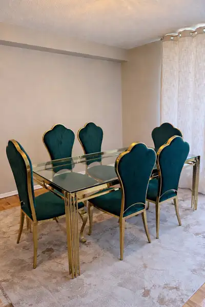  Green and gold dining table and chairs , View more