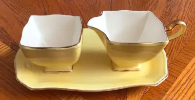 ROYAL WINTON CREAM, SUGAR AND TRAY, SUNSHINE YELLOW/GOLD TRIM, View more