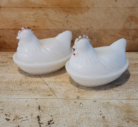 Antique milk glass laying hen, candy dishes.