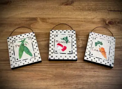 Trio of Decorative Wooden Signs Featuring Vegetables, View more
