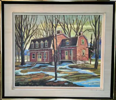 LARGE MARCEL FECTEAU RED HOUSE OIL ON CANVAS PAINTING  24x20, View more