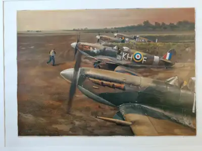 Selling a print by the famous wartime artist Robert Curry depicting a group of Spitfires getting rea...