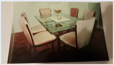 Glass top brass dinning table 6 chairs, View more