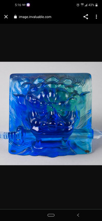 vintage signed and dated blueish glass  Buddhistic lion head 