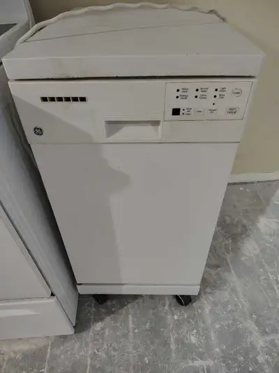 GE portable dishwasher. Slim model, 18 inches wide. Works good, but it has one broken wheel on the b...