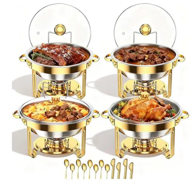 4 Pack Gold Round Chafing Dishes for Buffet with Glass Lid 