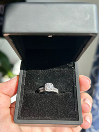 Round halo diamond engagement ring and eternity wedding band 