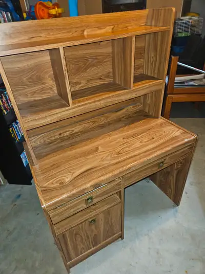 Small wooden desk with bookcase., View more