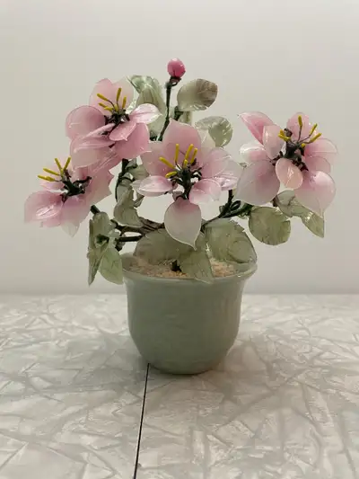 Vintage Chinese Pink & Jade Stone Glass Bonsai Flower Tree