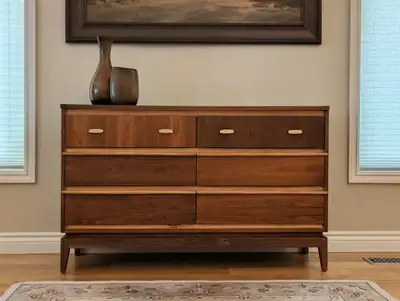 Refinished Mid Century Long Walnut Dresser, View more