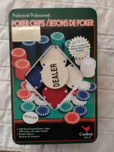 professional quality poker chips with dealer chip for texas hold em. including new pack of playing c...
