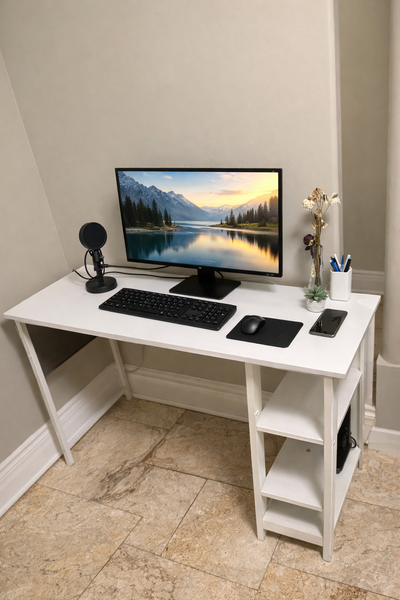 Modern White Computer Desk with Shelves – Excellent Condition, View more