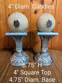 Heavy Ornate Candle Sticks W Decorative 4" Round Candles