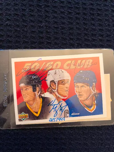 Signed UPPER DECK Card 50/50 Club - Lemieux/Gretzky/Hull, View more