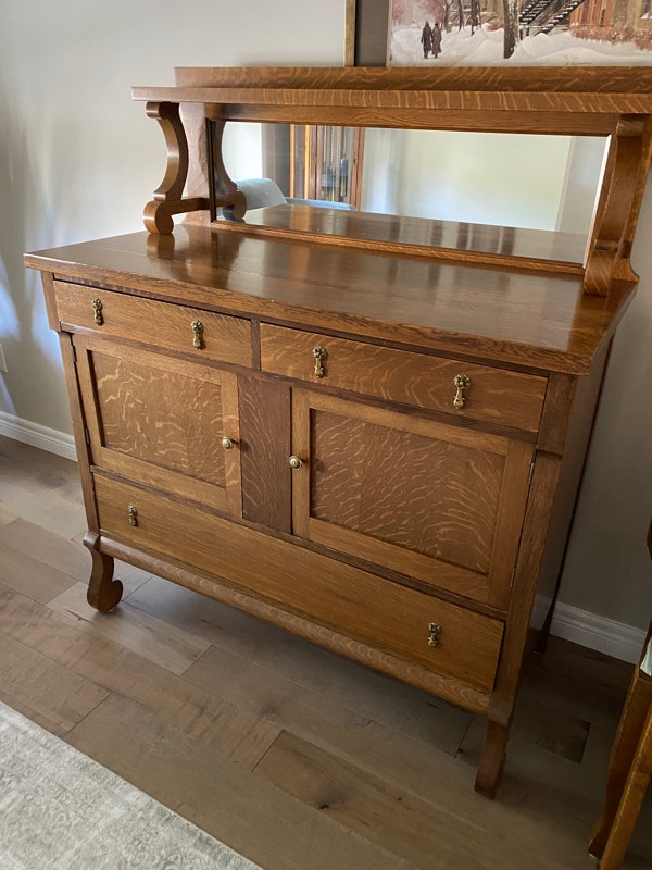 1920's Antique Tiger Maple Dining Set 6 Chairs, Table,