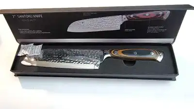 Razor Sharp 8-12° degree angle per blade side makes this kitchen Santoku knife extremely sharp. The...