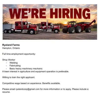 We are looking for a shop worker and seasonal Ag equipment operator Duties include: - Welding/fabric...