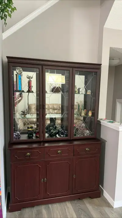 Dark Wood China Cabinet with Glass Doors & Built-In Lighting, View more