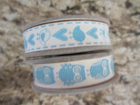 2 rouleaux de rubans 100% coton avec motifs (bleu et crème)