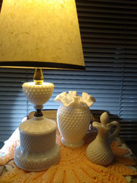 TABLE LAMP, Vase & Bottle MILK Hobnail GLASS