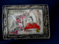 antique CHINESE BROOCH PIN hand painted SCRIMSHAW OXBONE silver