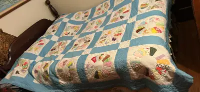 vintage homemade patchwork hand sewn queen quilt, 94”x76”, View more