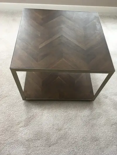 Mara Solid Acacia Wood End Table $300. Like new. Antique brass steel frame. Retail $450. No damage....