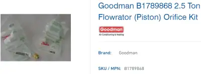 Goodman B1789868, B1789871 Piston Flow Check Kit, View more