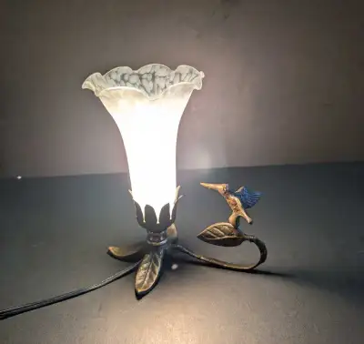 Vtg Hummingbird Table Lamp Glass Lily  Shade Bronze Base 8", View more
