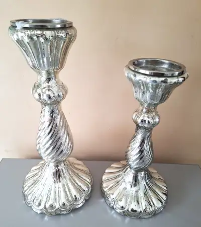 Pair of Silver metal Candle Holders - 15" & 13" in height, View more