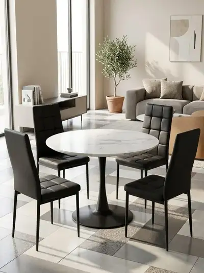 Brand New Round Marble Dining Set w/ Black Base + 4 Chairs , View more