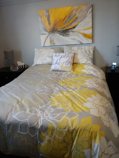 couvre couette pour grand lit, 60 pouces. Gris et jaune pale. Couvres oreillers et petit coussin inc...