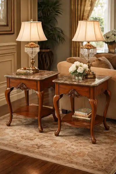 These Drexel Heritage end tables feature a faux marble top and a lower shelf, perfect for adding a t...