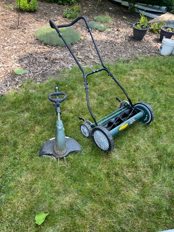 Manual lawn mower and electric weed wacker from Yardworks Lawnmowers