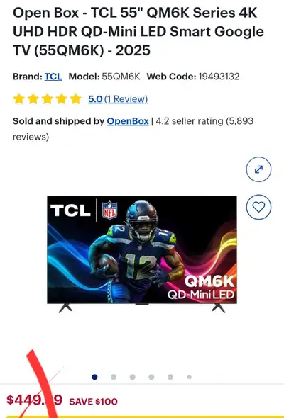 2025 - TCL 55" (QM6K) 4K UHD HDR QD-Mini LED Smart Google TV, View more